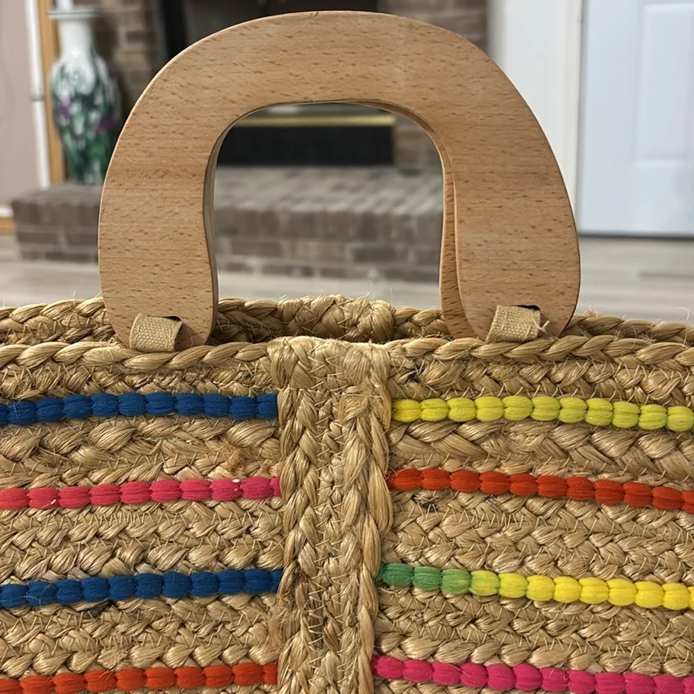 Antik Kraft Rainbow Boho Beach Hippie Woven Jute Basket Bag‎